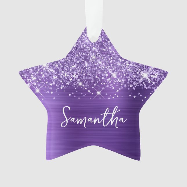 Glittery Amethyst Purple Glam Name Star Ornament (Front)