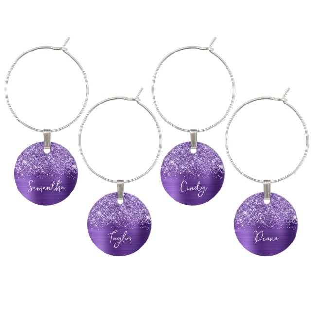 Glittery Amethyst Purple Glam Name Wine Charm (Staggered)