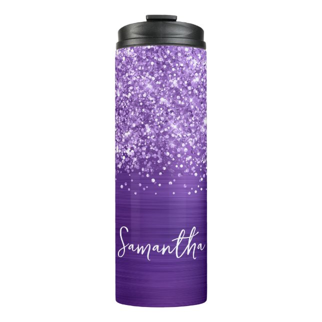 Glittery Amethyst Purple Glam Personalized Name Thermal Tumbler (Front)