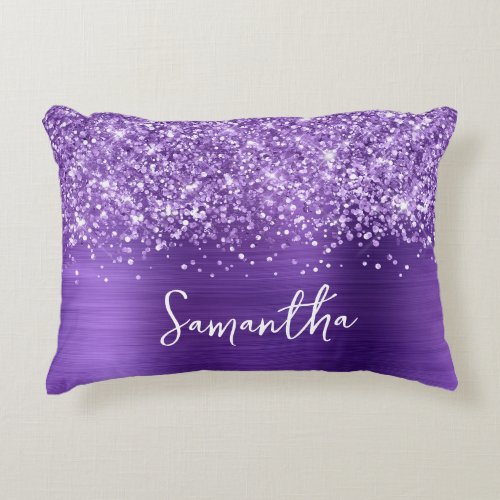 Glittery Amethyst Purple Glam Script Name Accent Pillow