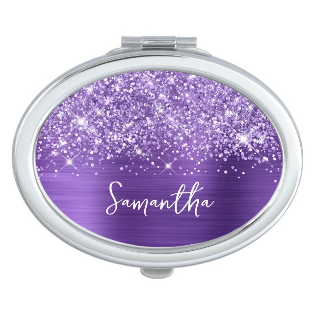 Glittery Amethyst Purple Glam Script Name Compact Mirror (Front)