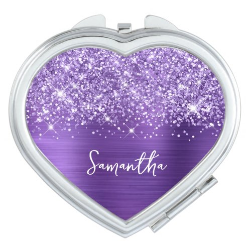 Glittery Amethyst Purple Glam Script Name Compact Mirror