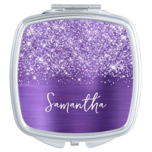 Glittery Amethyst Purple Glam Script Name Compact Mirror