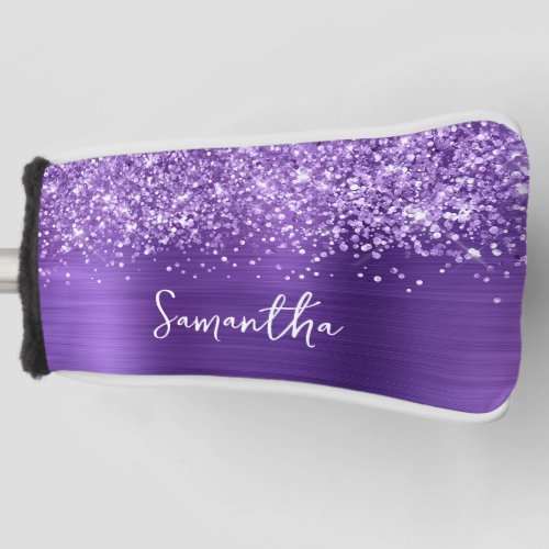 Glittery Amethyst Purple Glam Script Name Golf Head Cover