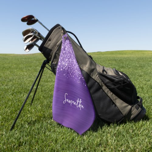 Glittery Amethyst Purple Glam Script Name Golf Towel