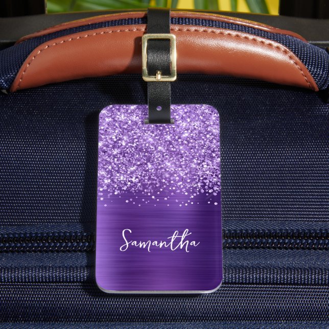 Glittery Amethyst Purple Glam Script Name Luggage Tag (Front Insitu 2)