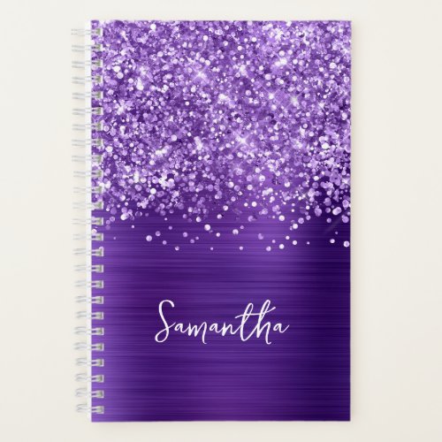 Glittery Amethyst Purple Glam Script Name Notebook