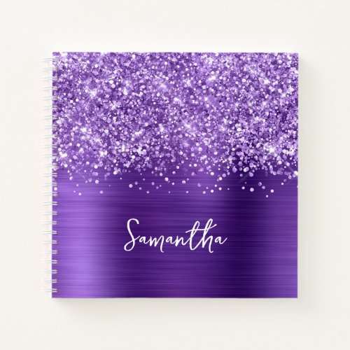 Glittery Amethyst Purple Glam Script Name Notebook