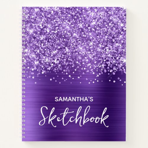 Glittery Amethyst Purple Glam Sketchbook with Name Notebook