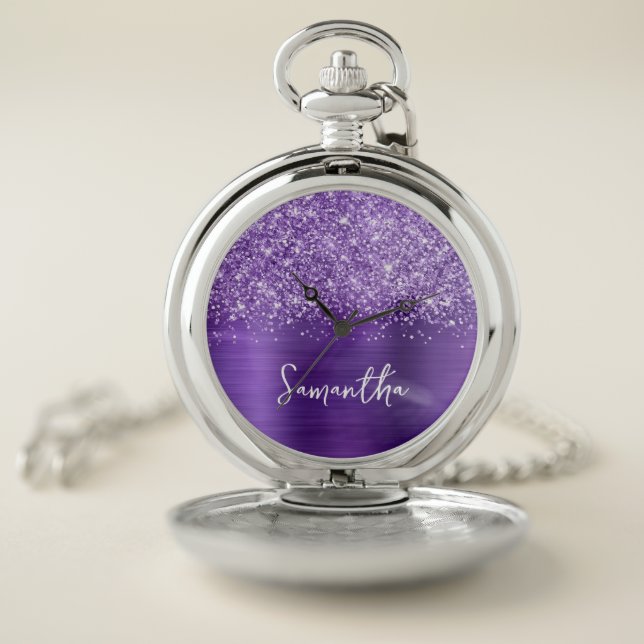 Glittery Amethyst Purple Glam White Script Name Pocket Watch (Inside)