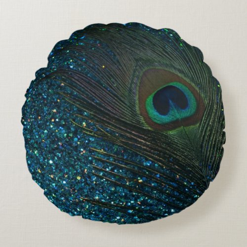Glittery Aqua Blue Peacock Round Pillow