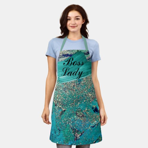 Glittery Aqua Paint Strokes Boss Lady    Apron