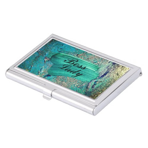 Glittery Aqua Paint Strokes Boss Lady     Business Card Case