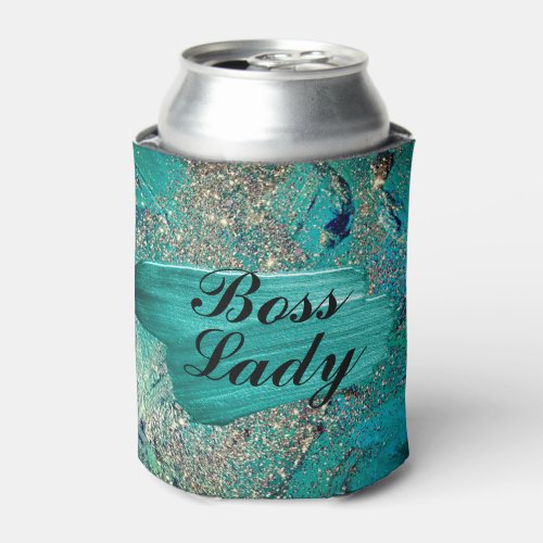 Glittery Aqua Paint Strokes Boss Lady   Can Cooler