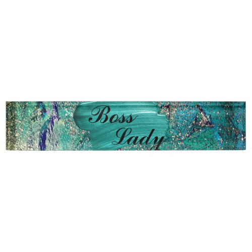 Glittery Aqua Paint Strokes Boss Lady    Desk Name Plate