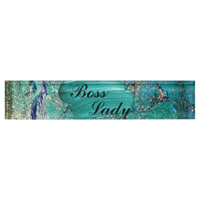 Glittery Aqua Paint Strokes Boss Lady    Desk Name Plate (Front)
