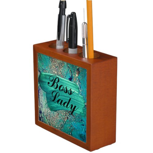 Glittery Aqua Paint Strokes Boss Lady Desk Organizer