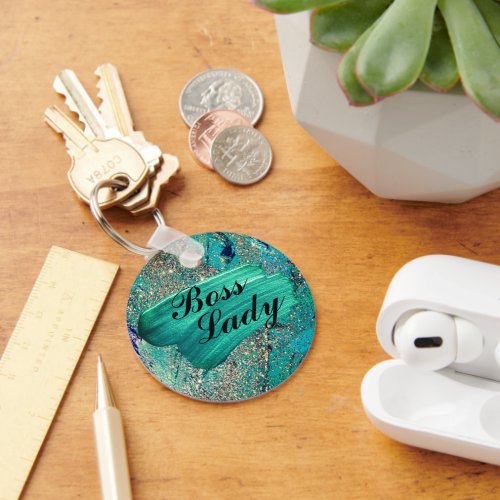 Glittery Aqua Paint Strokes Boss Lady  Keychain