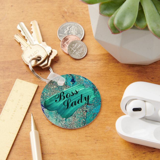 Glittery Aqua Paint Strokes Boss Lady  Keychain (Desk)
