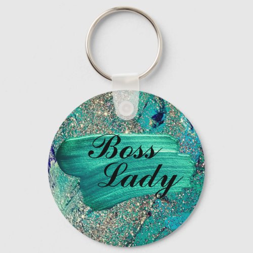 Glittery Aqua Paint Strokes Boss Lady  Keychain