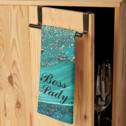 Glittery Aqua Paint Strokes Boss Lady     Kitchen Towel