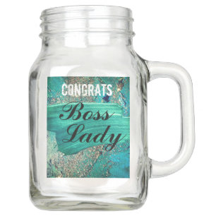 Glittery Aqua Paint Strokes Boss Lady   Mason Jar