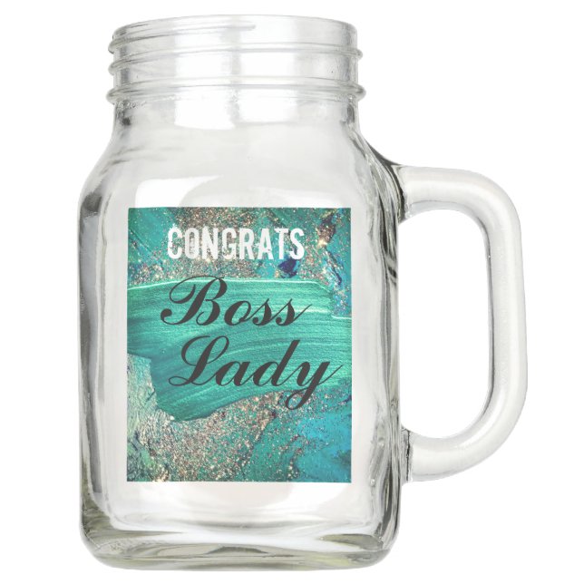 Glittery Aqua Paint Strokes Boss Lady   Mason Jar (Front)