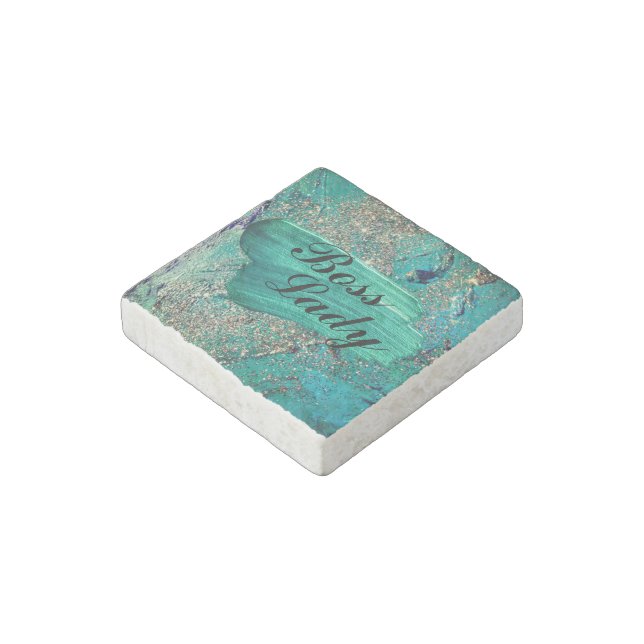Glittery Aqua Paint Strokes Boss Lady  Stone Magnet (Angled)