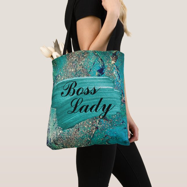 Glittery Aqua Paint Strokes Boss Lady Tote Bag (Close Up)