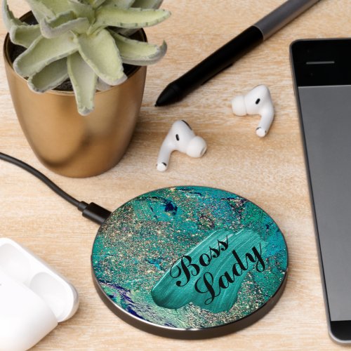 Glittery Aqua Paint Strokes Boss Lady  Wireless Charger