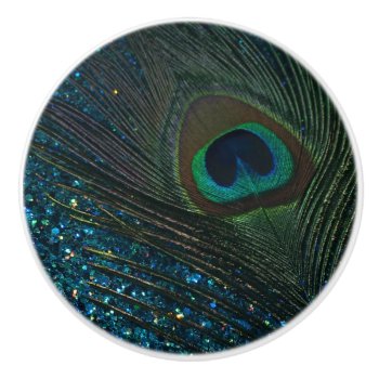 Glittery Aqua Peacock Ceramic Knob by Peacocks at Zazzle