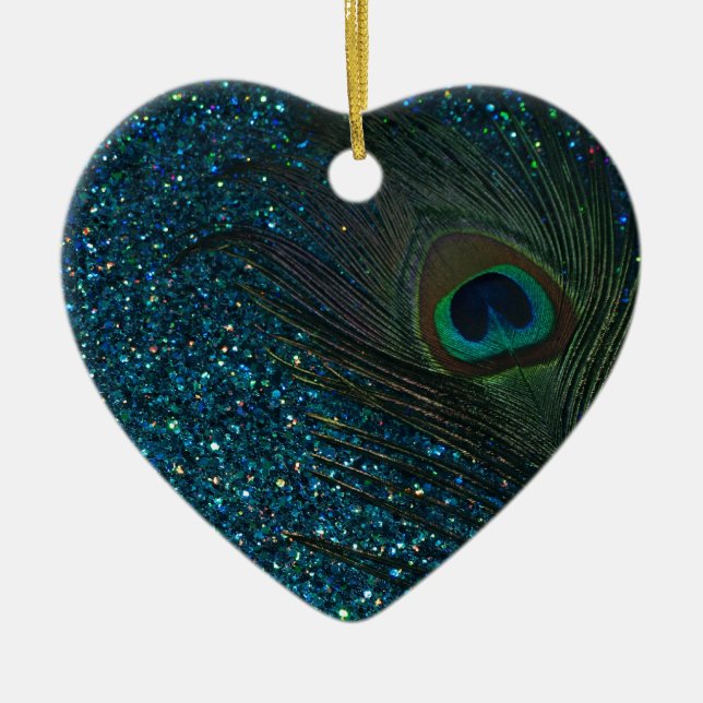 Glittery Aqua Peacock Ceramic Ornament (Front)