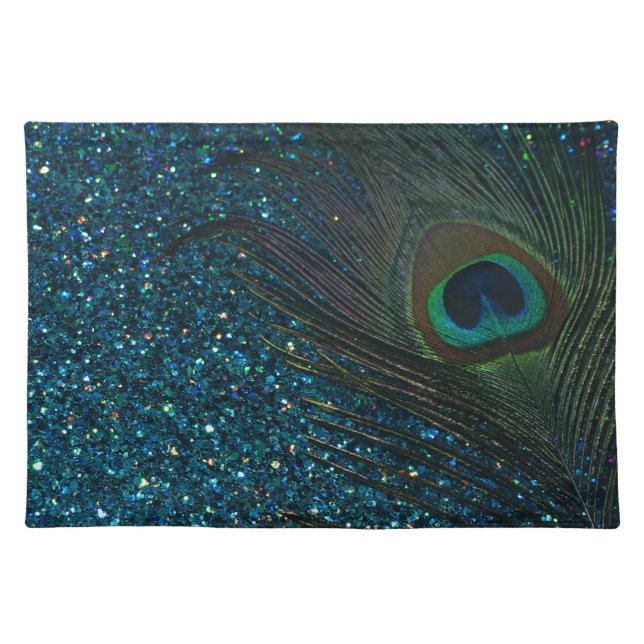 Glittery Aqua Peacock Cloth Placemat (Front)