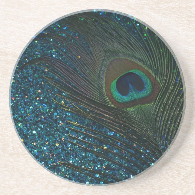 Glittery Aqua Peacock Drink Coaster (Front)