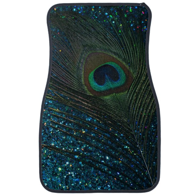 Glittery Aqua Peacock Feather Car Mat (Front)