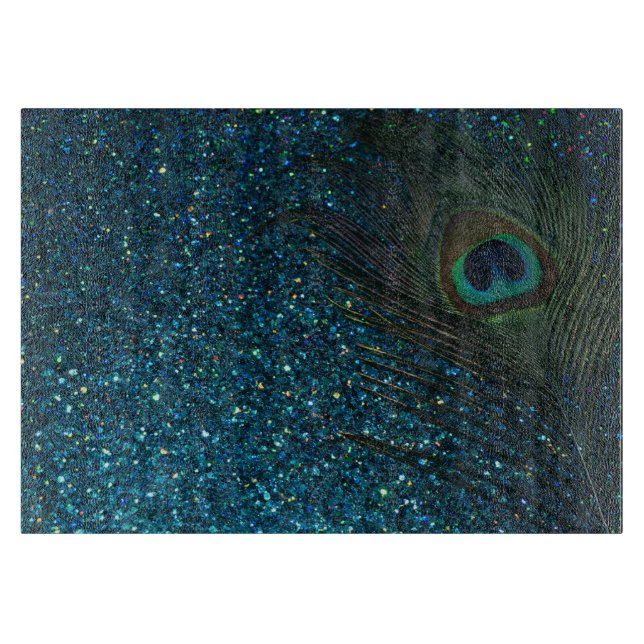 Glittery Aqua Peacock Feather Cutting Board (Front)