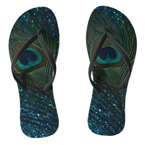 Glittery Aqua Peacock Feather Flip Flops