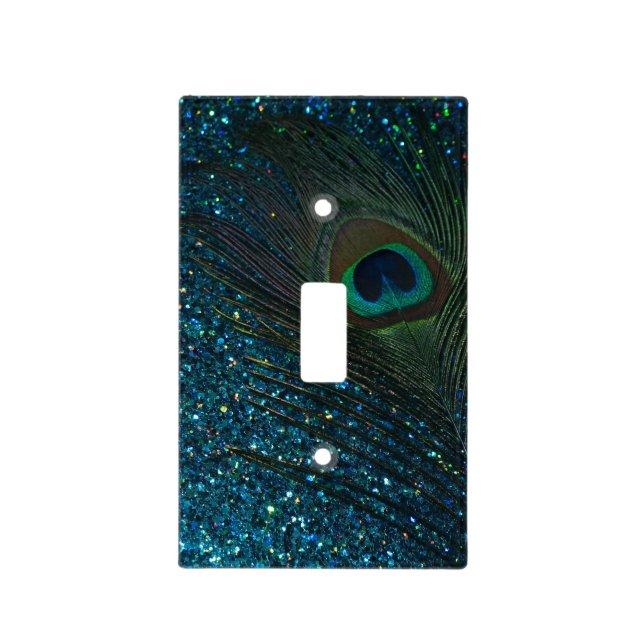 Glittery Aqua Peacock Feather Light Switch Cover (Front)
