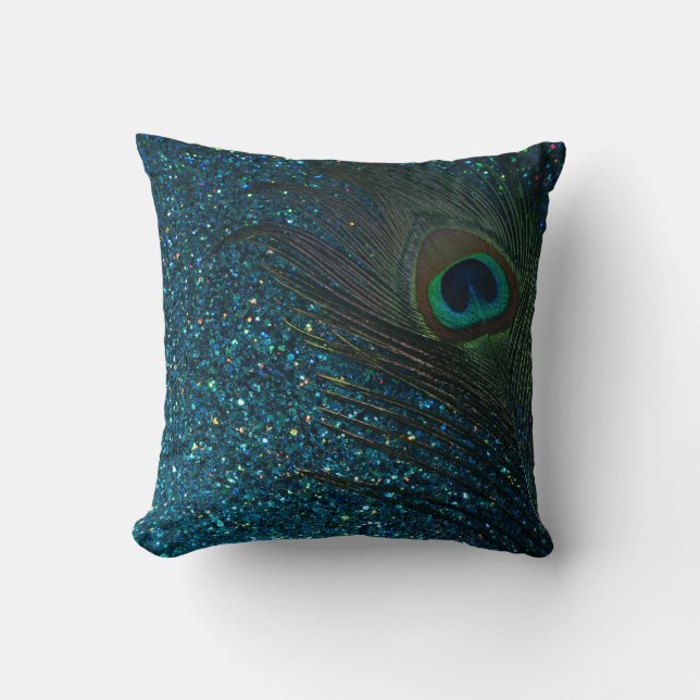 Glittery Aqua Peacock Feather Throw Pillow (Front)