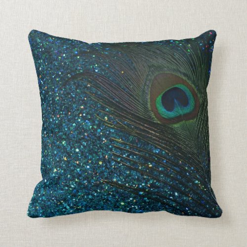 Glittery Aqua Peacock Feather Throw Pillow