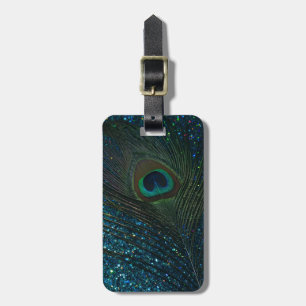 Glittery Aqua Peacock Luggage Tag