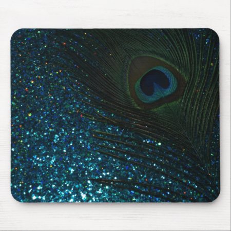 Glittery Aqua Peacock Mouse Pad