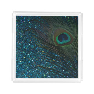 Glittery Aqua Peacock Serving Tray