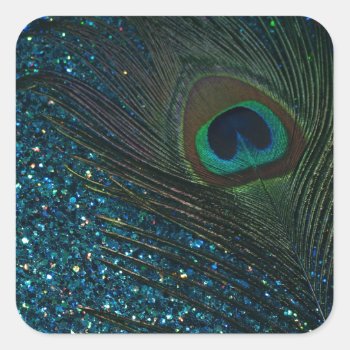 Glittery Aqua Peacock Square Sticker by Peacocks at Zazzle
