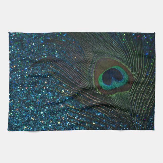 Glittery Aqua Peacock Towel (Horizontal)