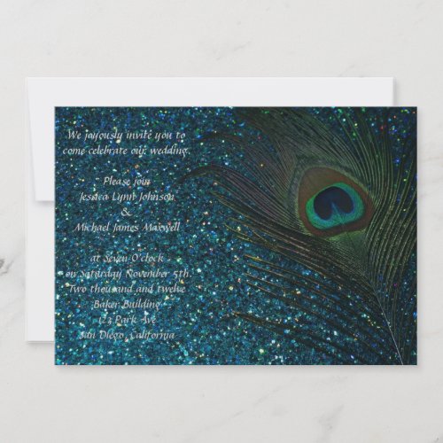Glittery Aqua Peacock Wedding Announcement