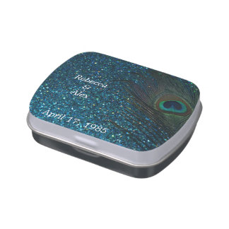 Glittery Aqua Peacock Wedding Jelly Belly Candy Tins