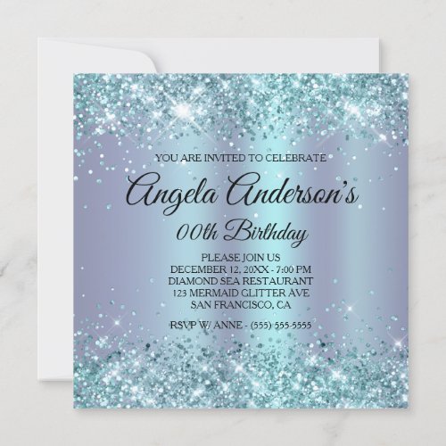 Glittery Aqua Peri Shimmer Sea Shells Birthday Invitation