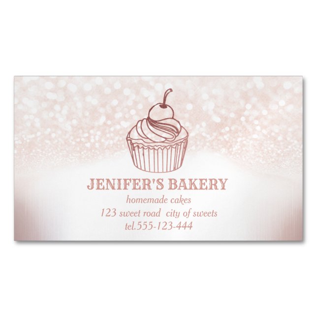 Glittery bakery homemade cupcakes and sweets business card magnet (Front)