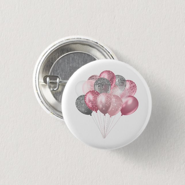 Glittery Balloon Bunch in Pink and Silver Button (Front & Back)